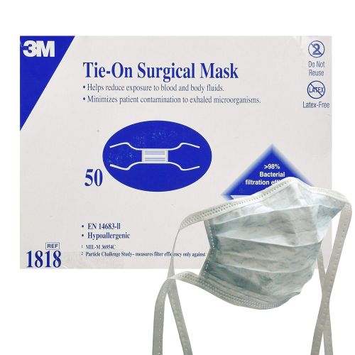 3M 1818 - 3M Surgical Mask, Latex-Free, Tie Closure, Pleated, White